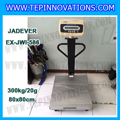 เครื่องชั่งดิจิตอลตั้งพื้น ยี่ห้อ JADEVER รุ่น EX-JWI-586 ขนาดแท่น 80x80cm. พิกัดน้ำหนัก 300kg ค่าละเอียด 20g พร้อมที่เข็นและล้อ