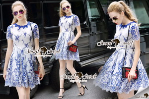 Lady Ribbon Online เสื้อผ้าออนไลน์ ขายส่ง Seoul Secret ของแท้ SS07140716 Seoul Secret Say's... Saphire Blue Lace Tial Skirt Dress
