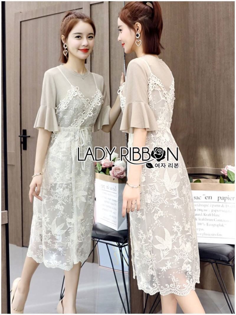 Lace Dress เดรสสายเดี่ยวผ้าลูกไม้ทับเสื้อแขนระบายสีนู้ด