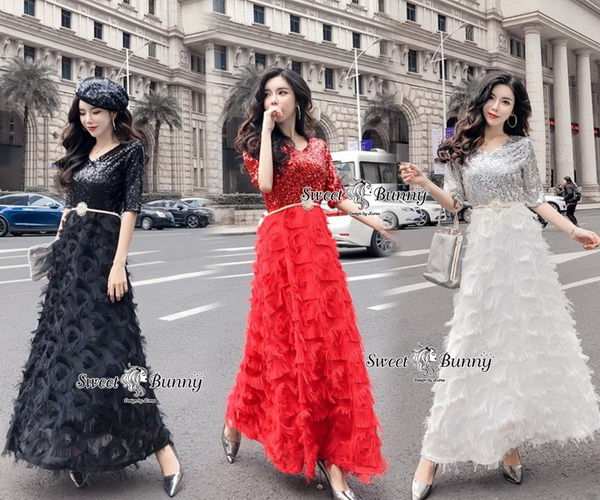 ชุดเดรสหรูยาวทรงเอ มีเข็มขัดให้ต้อนรับตรุษจีน