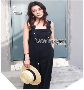 Lady Ribbon Yves Studded Belt-Strap Black Crepe Jumpsuit