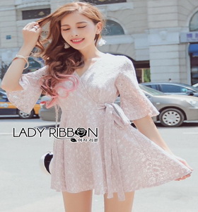 Lady Ribbon Dress with Ribbon เดรสผ้าลูกไม้สีชมพูอ่อน