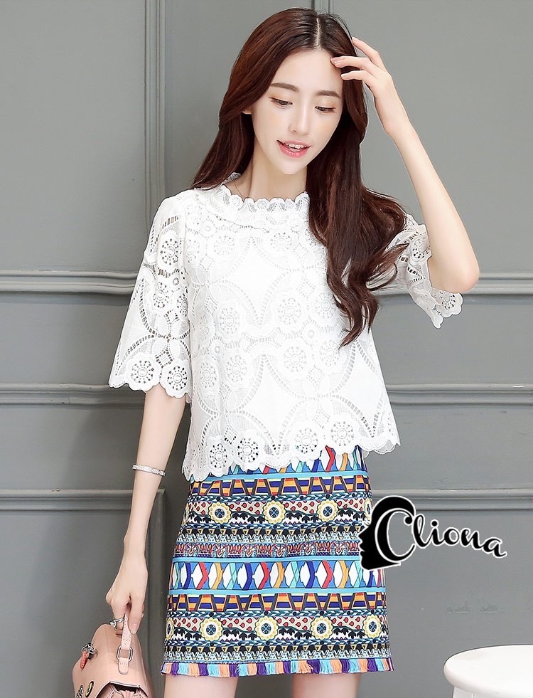CN08010916 Cliona Made' Lace Top + Colorfull Skirt Set - เซ็ตเสื้อฉลุลูกไม้+กระโปรงลายกราฟฟิก