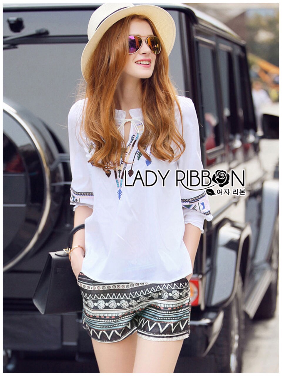 Lady Ribbon Online เสื้อผ้าออนไลน์ ขายส่ง LR11200616 🎀 Lady Ribbon's Made 🎀 Lady Annie Tribal Chic Embroidered Top and Shorts Set เ