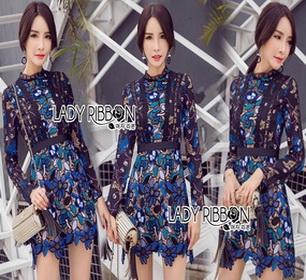 Lady Ribbon Sexy Blue Floral Lace Mini Dress