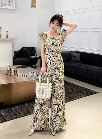 เสื้อกางเกงเกาหลีผ้าเนื้อดีพิมพ์ลายใบไม้