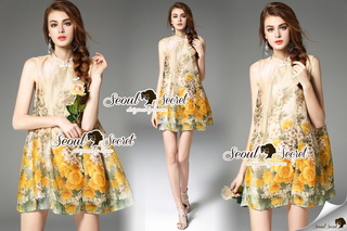 SS2290816 Seoul Secret Say's... Yellow Flora Girly Silkly Dress
