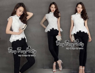 VP03310816 Florals Lace Vintage Chic Embroidery Blouse เสื้อลูกไม้แขนล้ำงานลูกไม้ทอฉลุลายดอกไม้ทั้งตัว