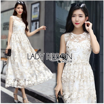 Lady Ribbon Online ขายส่งเสื้อผ้าออนไลน์ของแท้ LR01070716 🎀 Lady Ribbon's Made 🎀 Lady Amanda Pure White and Gold Flower Embroidered Tulle Dress