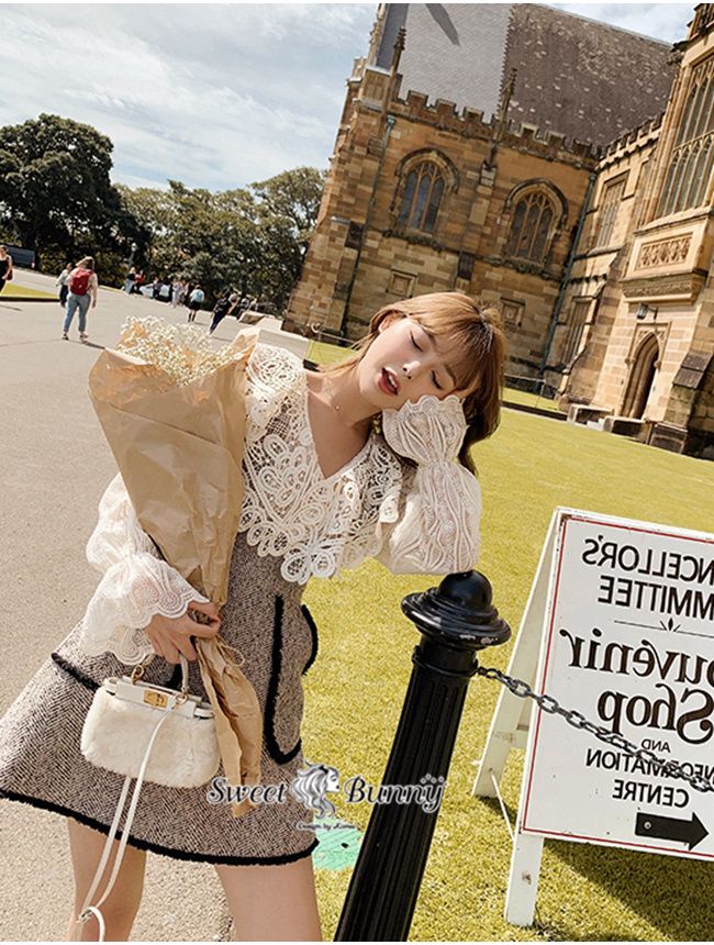 เซ็ทเสื้อเอี๊ยมกระโปรงงานเกาหลี เสื้อผ้าลูกไม้