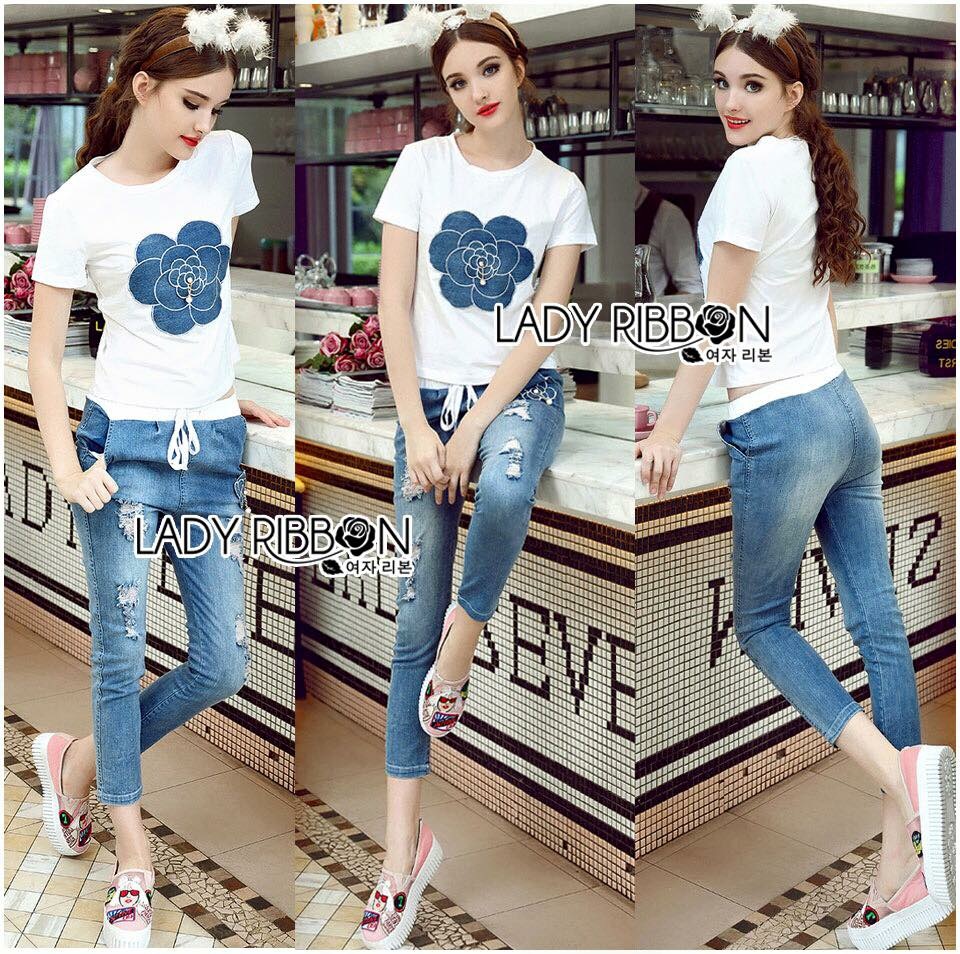 🎀 Lady Ribbon's Made 🎀 Lady Coco Camellia Denim Embroidered T-Shirt and Skinny Jeans Set