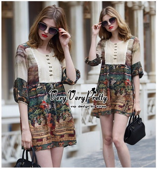 Lady Ribbon Online ขายส่งเสื้อผ้าออนไลน์ Very very pretty เสื้อผ้า VP05100816 Smart Vintage community Printed Blouse