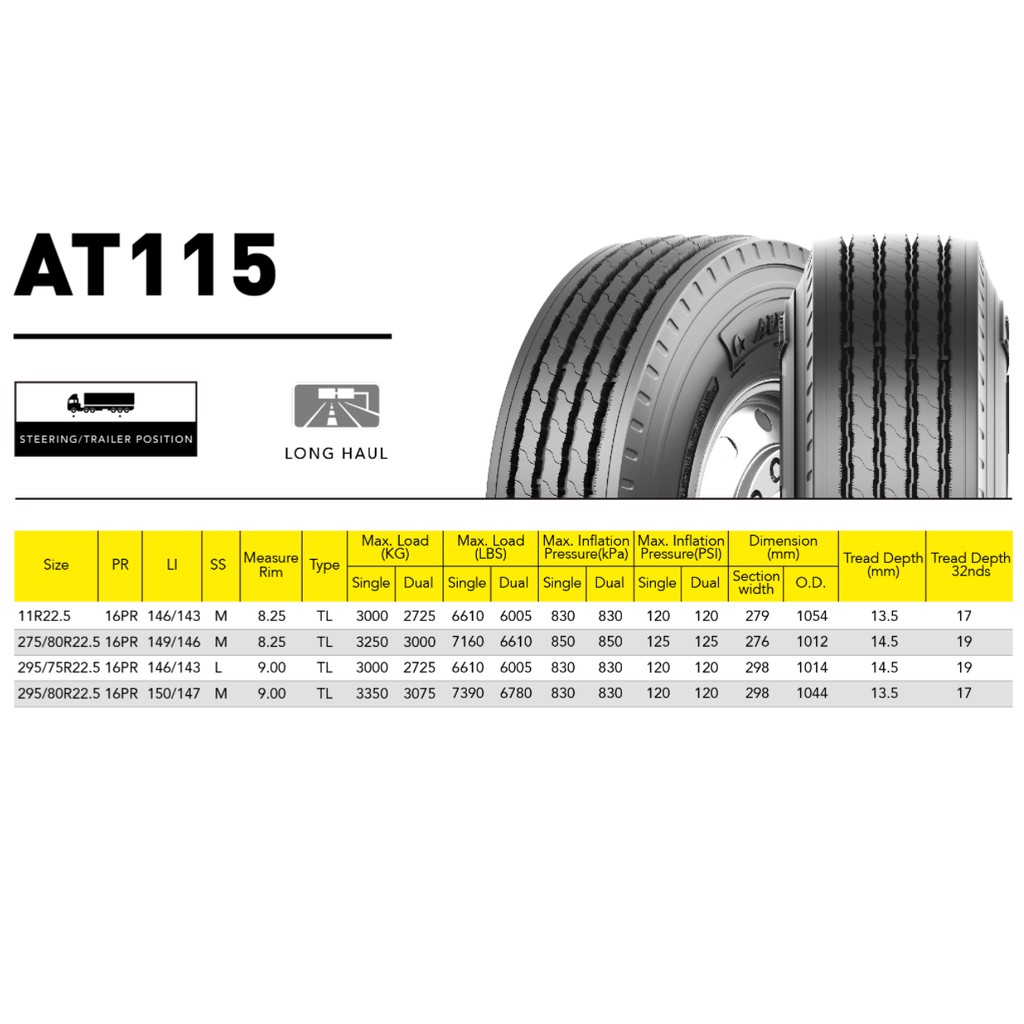 ยางรถบรรทุก เรเดียล ยี่ห้อ AUSTONE รุ่น AT115 ขนาด 275/70R22.5 , 295/80R22.5 , 9.5R17.5 , 11R22.5