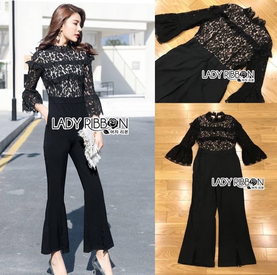 Jumpsuit จัมป์สูทผ้าลูกไม้และกางเกงทรงขาบานสีดำ