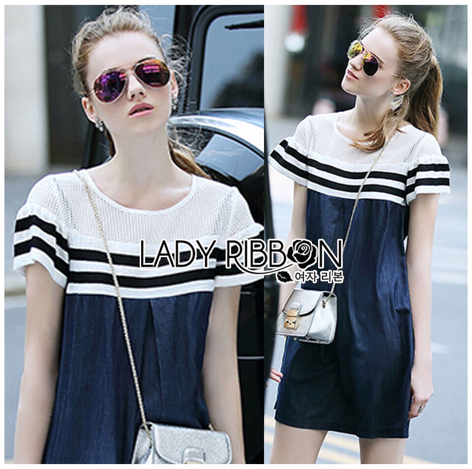 Lady Ribbon Online LR03130616 🎀 Lady Ribbon's Made 🎀 Lady Aurelie Sporty Minimal Striped Denim Dress
