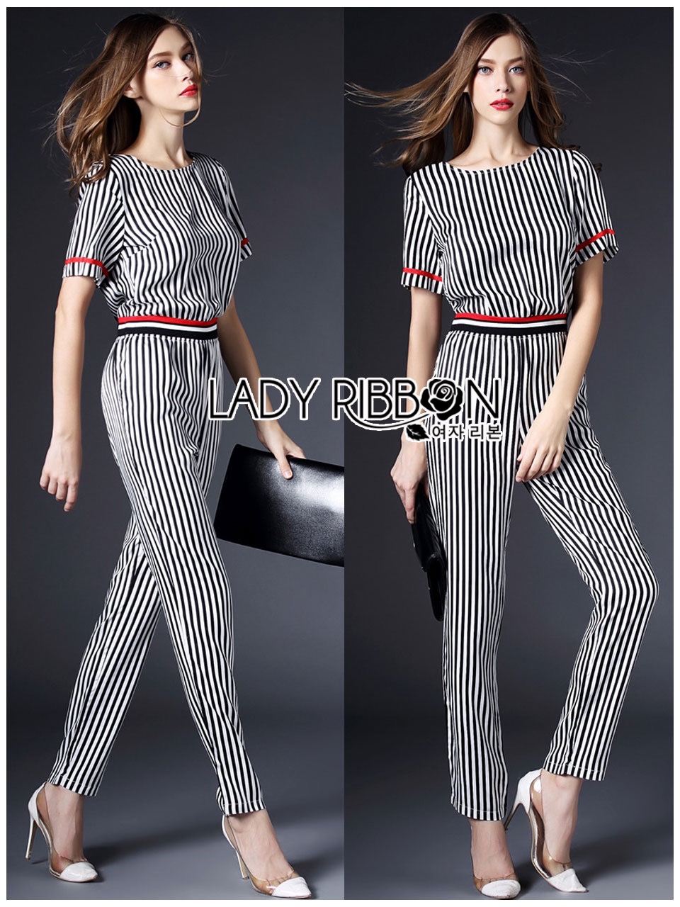 Lady Ribbon's Made 🎀 Lady Aria Sporty Minimal Striped Jumpsuit เสื้อผ้าจัมป์สูทขายาวลายทางขาว-ดำสไตล์สปอร์ต