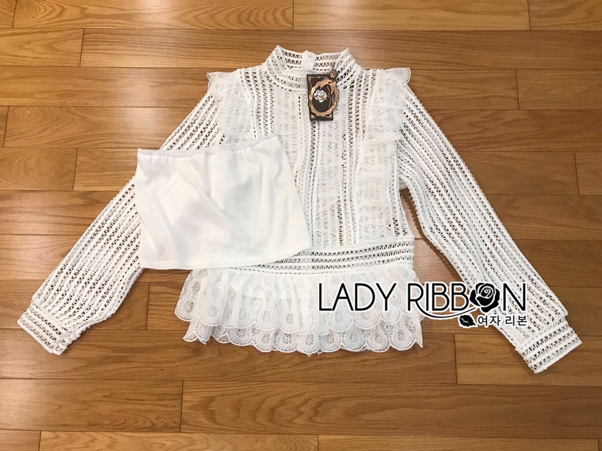เสื้อแขนยาวคอสูงผ้าลูกไม้ตกแต่งระบาย