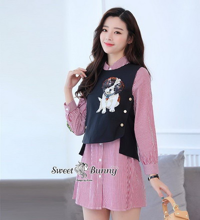 เสื้อเชิ้ตยาว+กั๊กดำเสื้อเชิ้ตลายริ้วสีขาวแดง