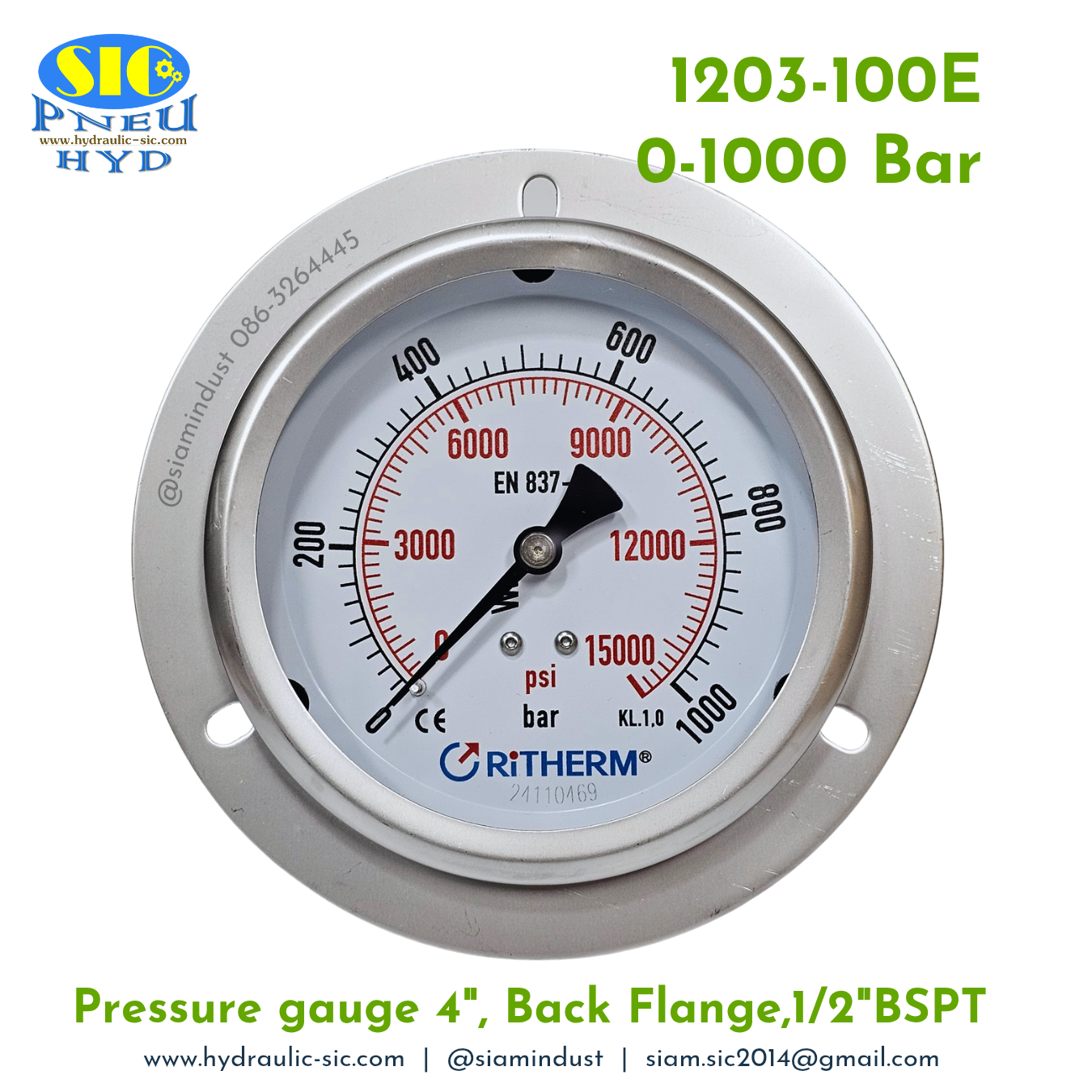 1203-100E Pressure Gauge เกจวัดแรงดันหน้าปัด 4" เกลียว 1/2" BSPT ออกหลังล่าง RiTHERM