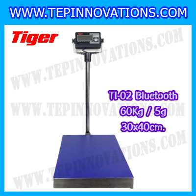 เครื่องชั่งน้ำหนักดิจิตอลBluetooth พิกัด 60kg ความละเอียด 5g ขนาดแท่นชั่ง 30*40cm. ยี่ห้อ TIGER รุ่น TI-02