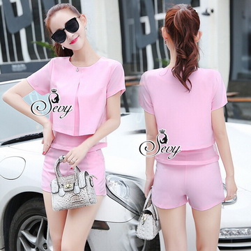 Lady Ribbon Online ขายส่งเสื้อผ้าออนไลน์ของแท้ SV05060716 🎉Sevy Two Pieces Of Casual Short Sleeve Blouse With Shorts Sets