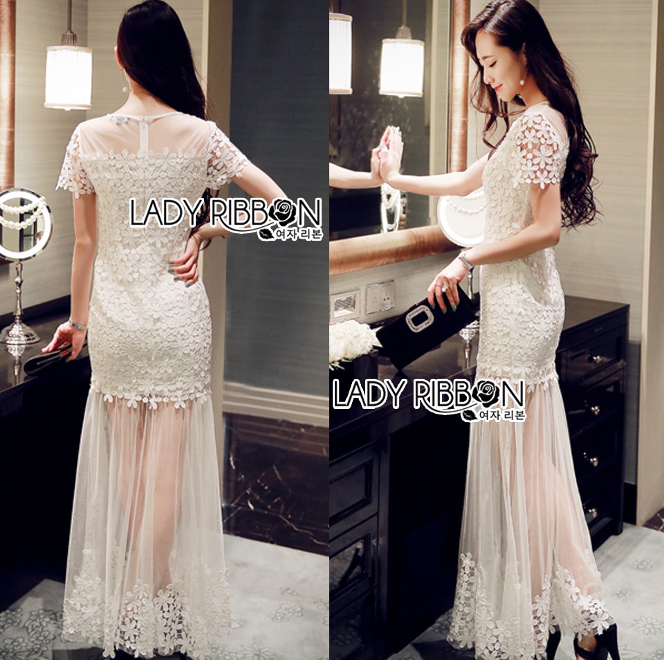 🎀 Lady Ribbon's Made 🎀 Elisa All that Flower Embroidered Tulle Evening Dress เดรสยาวปักประดับดอกไม้สีขาวทั้งตัวและตัดต่อผ้าโปร่ง ตัวนี้เหมาะกับเอาไว้ใส่ออกงาน