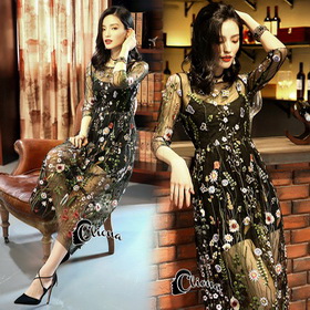 ชุดเดรสยาวซีทรูสีดำงานปัก