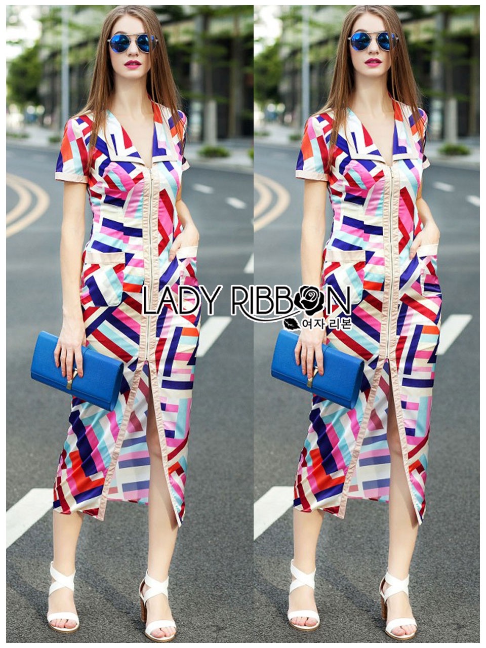 Lady ribbonLady Ribbon's Made 🎀 Lady Sasha Sexy Chic Colourful Graphic Printed Satin Shirt Dress เสื้อผ้าเชิ้ตเดรสแขนสั้นผ้าซาตินพิมพ์ลายกราฟฟิก