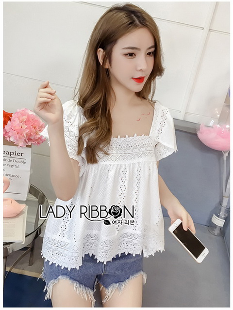 เสื้อแขนระบายผ้าลูกไม้สีขาวสไตล์วินเทจ