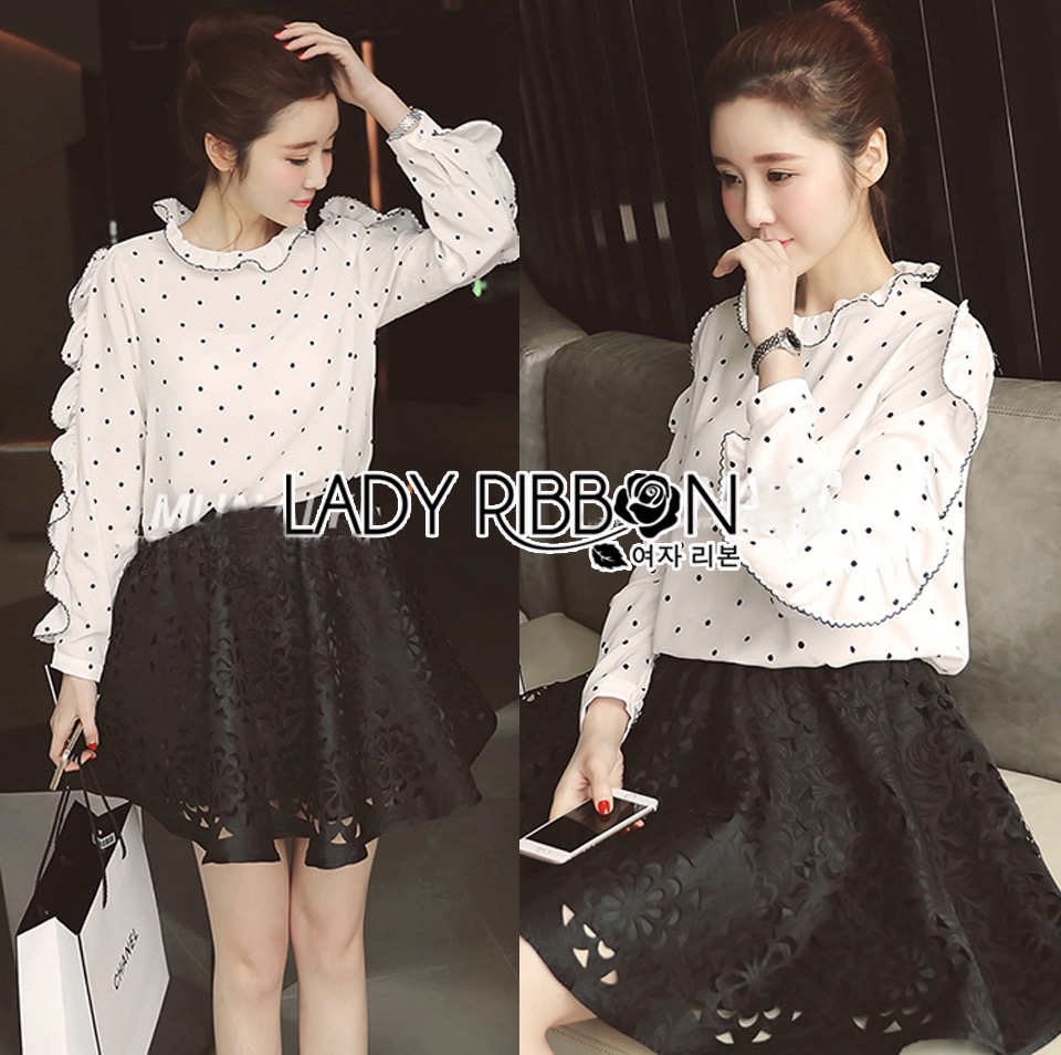 Lady Ribbon เสื้อผ้า LR10120516 🎀 Lady Ribbon's Made 🎀 Lady Nicole Minimal Feminine Polka Dots Printed Ruffle Blouse
