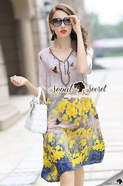 Lady Ribbon Online ขายส่ง เสื้อผ้าออนไลน์ ของแท้ SS09040716 Seoul Secret Say's... Vintage Yellow Blossom Print Dress