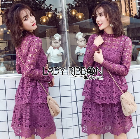 เดรสผ้าลูกไม้สีชมพูฟูเชียตกแต่งระบายเลเยอร์