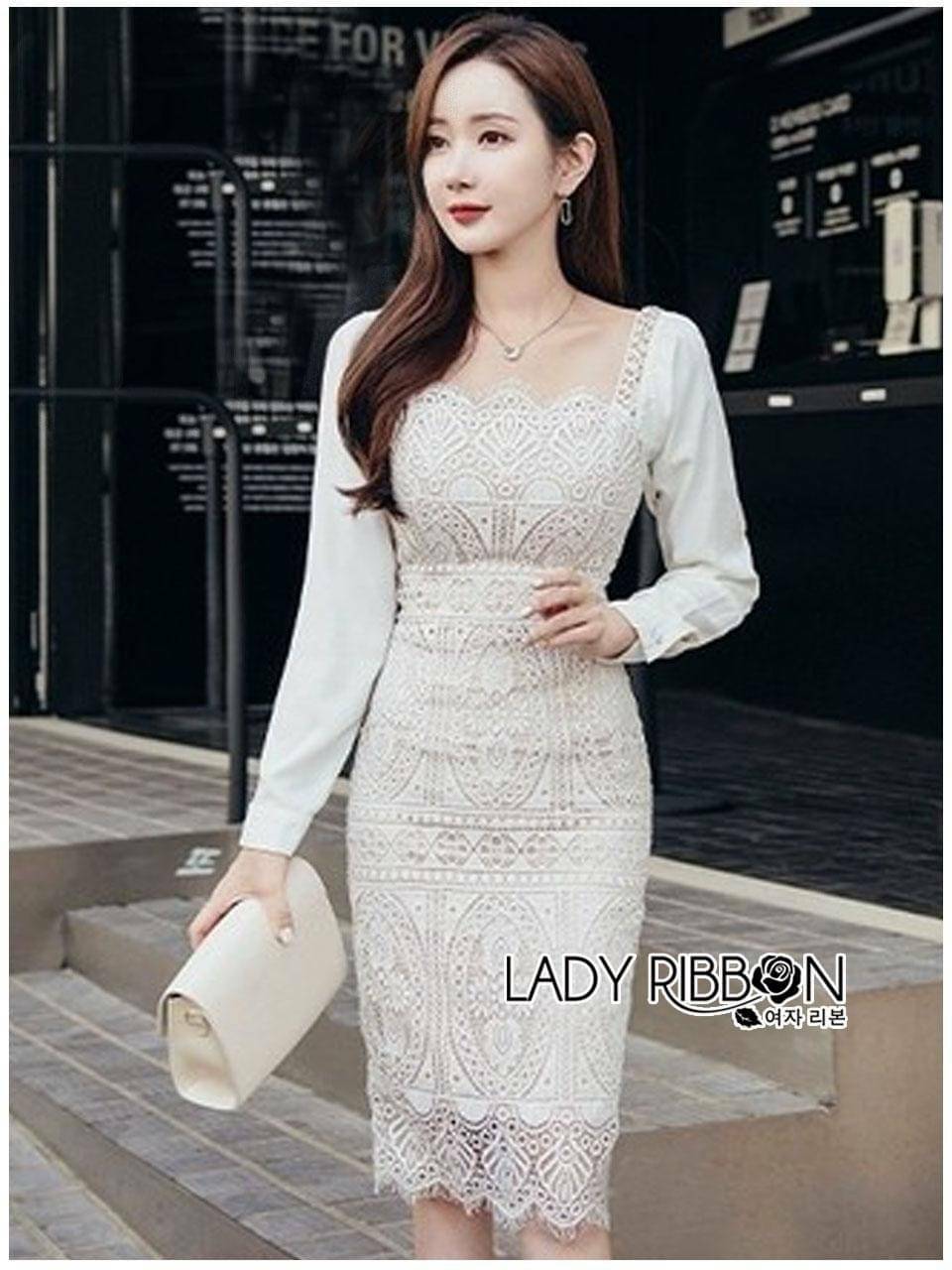 เดรสผ้าลูกไม้ขาวทรงเข้ารูปลายสวย