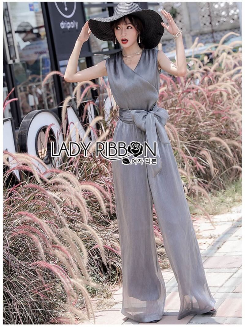 Jumpsuit with Ribbon จัมป์สูทขายาวผ้าชีฟองสีเทา