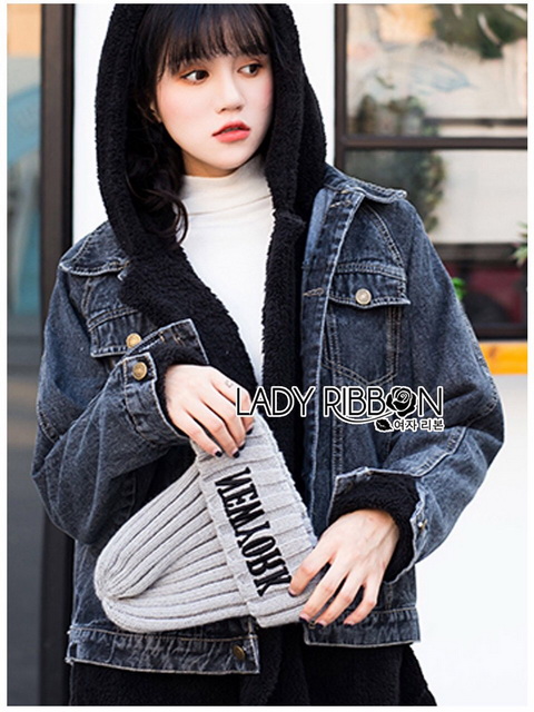 เซ็ตเสื้อแจ็กเก็ตเดนิมทับเสื้อโค้ทตกแต่งฮู้ดขนแกะสีน้ำเงินเข้ม