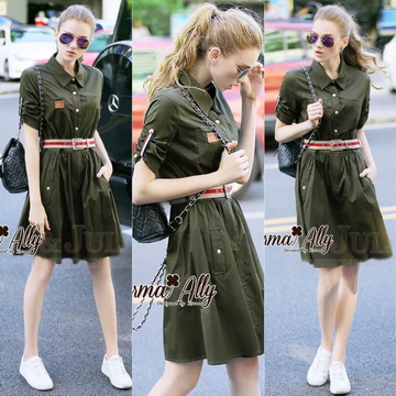 Lady Ribbon ขายส่งเสื้อผ้าออนไลน์พร้อมส่งของแท้ NA06220716 🎉Normal Ally Present Army collection new style elegant dress and belt🎉 (เดรส + เข็มขัด )
