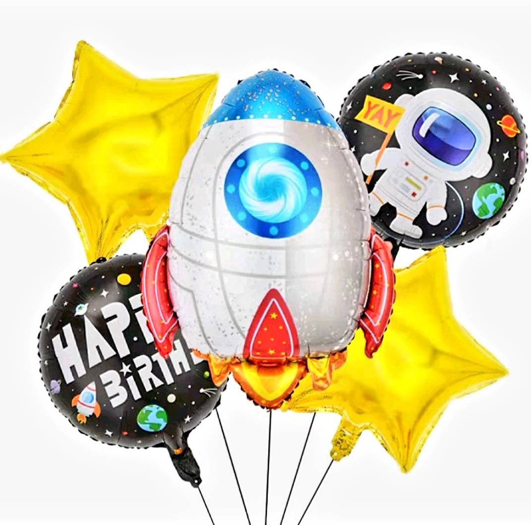 SET 5 ชิ้น ลูกโป่งวันเกิดจรวดอวกาศ Space and star Happy Birthday balloons