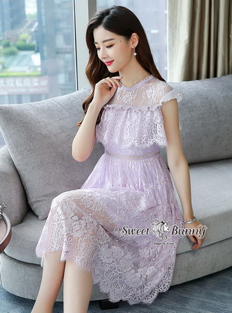 ชุดเดรสลูกไม้เกาหลี เดรสแขนกุดอกระบาย