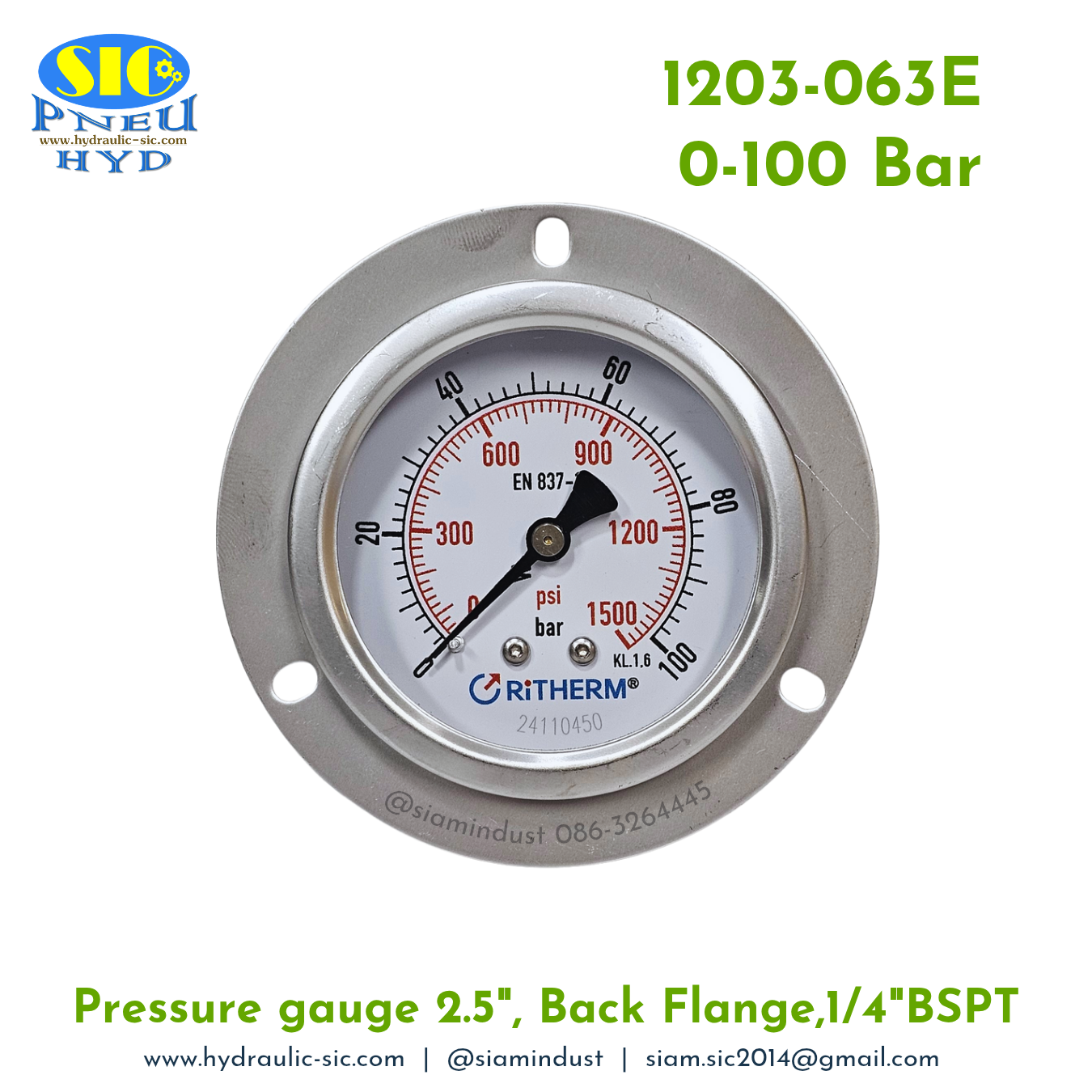 1203-063E Pressure Gauge เกจวัดแรงดันหน้าปัด 2.5" เกลียว 1/4" BSPT ออกหลัง RiTHERM