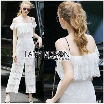 Lady Ribbon ขายส่งเสื้อผ้าออนไลน์พร้อมส่งของแท้ LR14220716 🎀 Lady Ribbon's Made 🎀 Lady Michelle Pure White Off-Shoulder Lace Jumpsuit