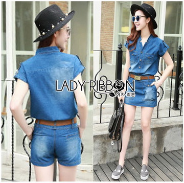 Lady Ribbon Online เสื้อผ้าออนไลน์ ขายส่งของแท้ราคาถููก LR11110716 🎀 Lady Ribbon's Made 🎀 Lady Cindy Little Western Cowboy Denim Shirt and Shorts Set with Belt