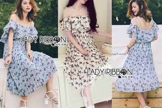 LR04220816 🎀 Lady Ribbon's Made 🎀 Lady Laura Sweet Feminine Floral Printed Plated Strappy Dress เดรสสายเดี่ยวเปิดไหล่