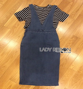 Lady Ribbon Vanessa Casual Chic Striped Top and Overall Denim Dress Set