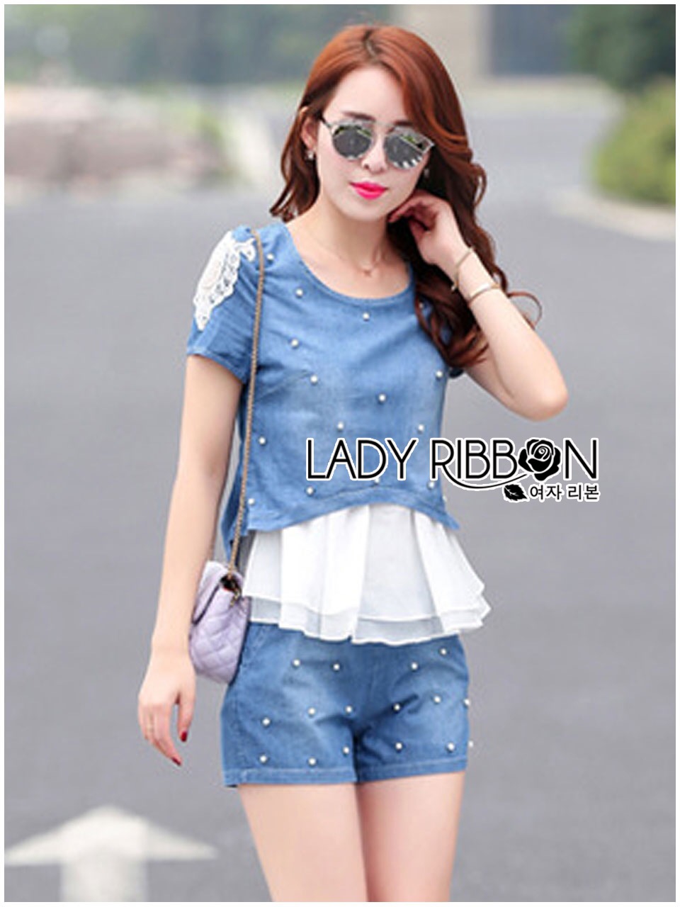 🎀 Lady Ribbon's Made 🎀 ขายส่ง Lady Monica Casual Chic Pearl Embroidered Denim and Chiffon Set ขายส่งเซ็ตเสื้อแขนสั้น