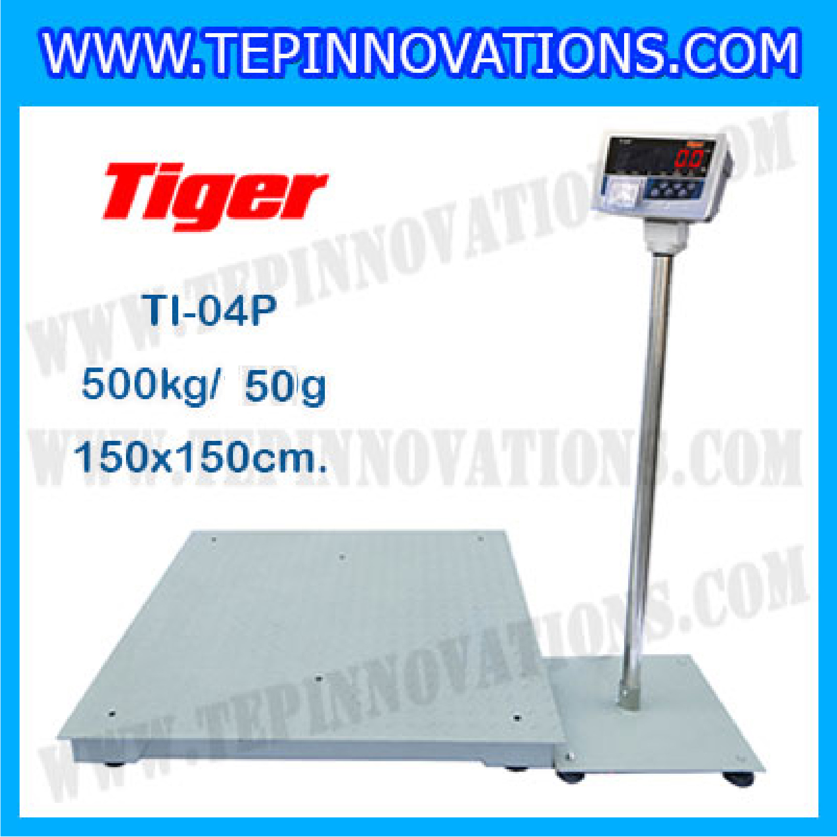 เครื่องชั่งน้ำหนักดิจิตอลพร้อมปริ้นเตอร์ในตัว พิกัด 500kg ค่าละเอียด 50g ยี่ห้อ TIGER รุ่น TI-04P ขนาดแท่น 150x150cm.