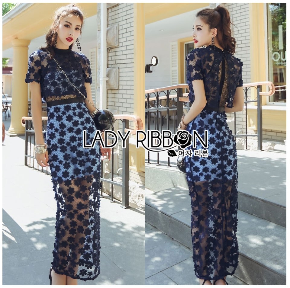 Maxi Dress เดรสผ้าลูกไม้ตกแต่งดอกไม้สีน้ำเงิน
