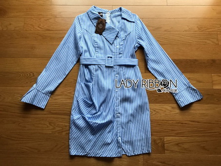 Chic Lady Ribbon Striped Shirt Dress
