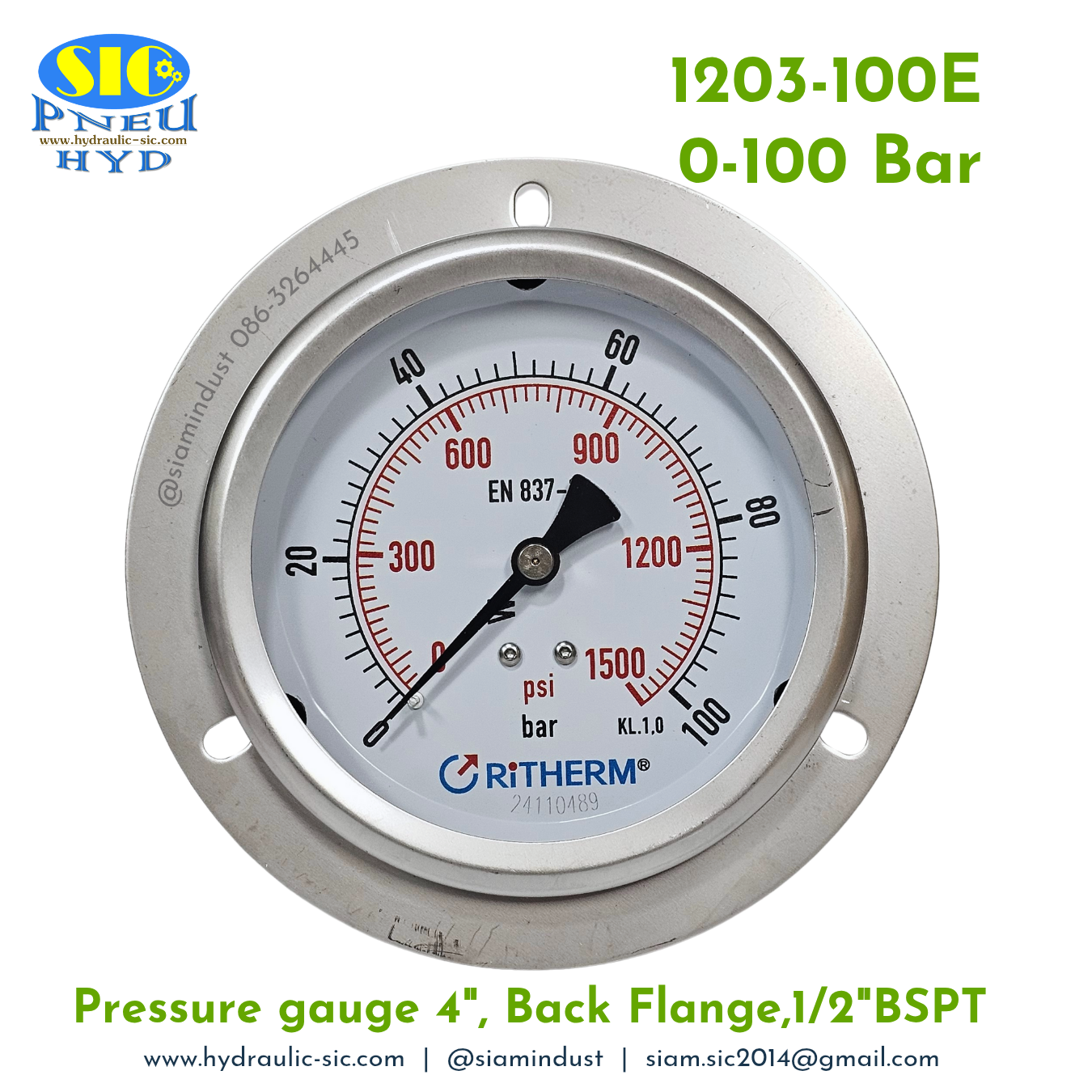 1203-100E Pressure Gauge เกจวัดแรงดันหน้าปัด 4" เกลียว 1/2" BSPT ออกหลังล่าง RiTHERM