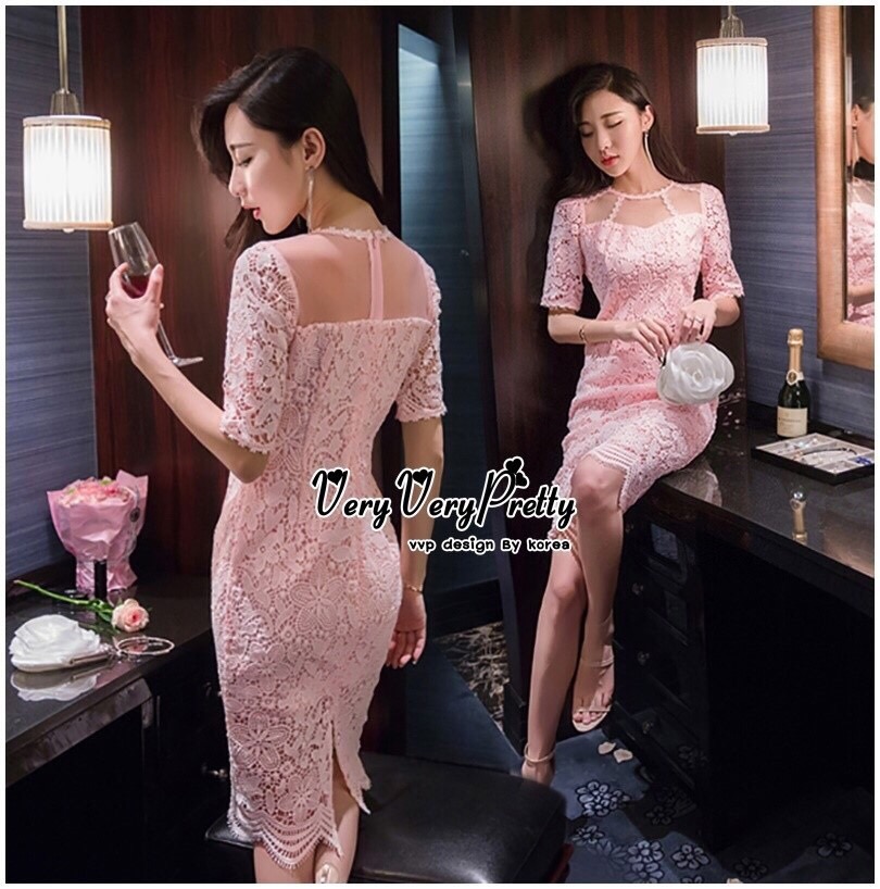 Lady Ribbon Online เสื้อผ้าออนไลน์ ขายส่ง VP02110716 Luxury Embroidered Flowers Lace Dress