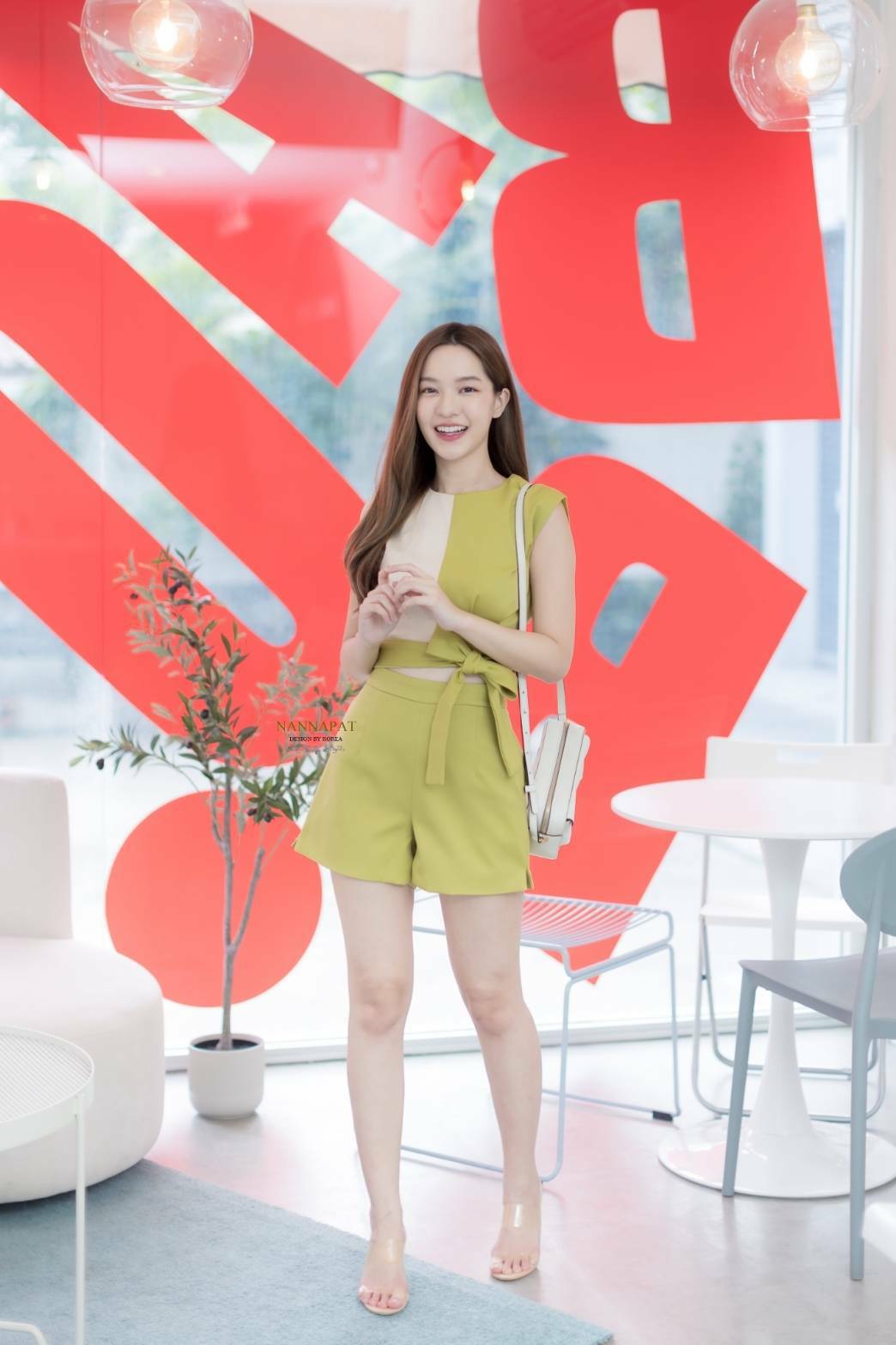 เสื้อทูโทน ซิปหลัง ผูกโบว์ที่เอว